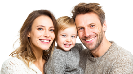 Happy family portrait smiling with a young child between parents, cut out transparent