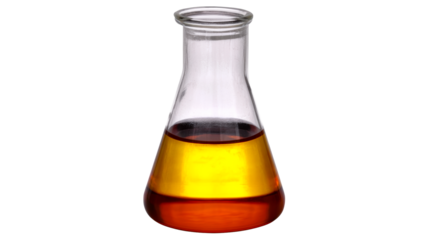 Conical flask with amber and yellow liquid layers, cut out transparent