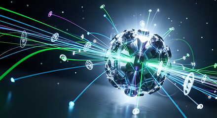 Obraz premium Dynamic 3D data sphere with connecting lines representing global network, innovation, and futuristic technology