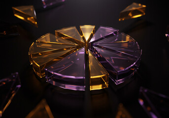 A stylized pie chart made of translucent purple and gold crystal-like segments, floating above a dark, reflective surface.