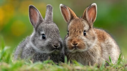 Two adorable bunnies side by side in the grass, gazing toward the viewer. One has a grey coat and the other a brown one. Their attentive expressions reveal a hint of curiosity