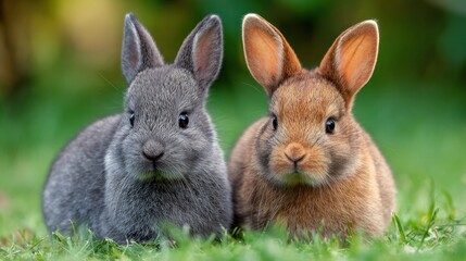 Obraz premium Two adorable bunnies with distinctive fur colors, resting on the lush green grass
