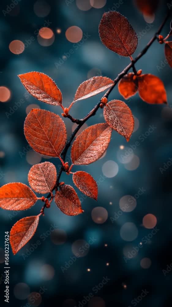 Poster red autumn leaves on branch with teal bokeh background