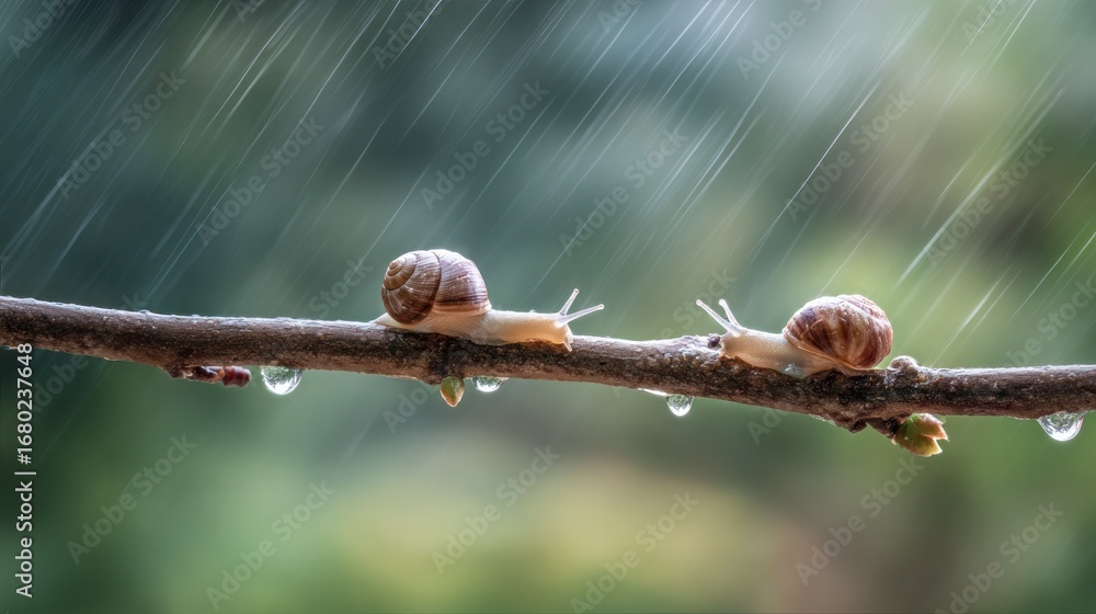 Poster two snails navigating a branch in the rain