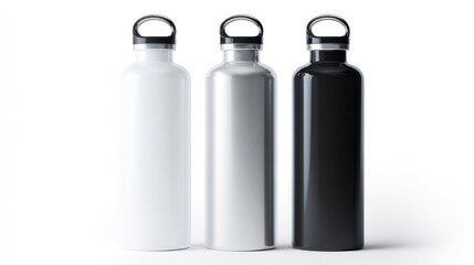 Three stylish stainless steel water bottles in a row, ready for hydration