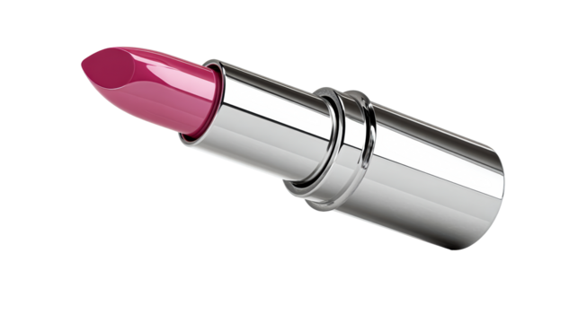 Luxury metallic lipstick tube with vibrant pink shade angled on white background, cut out transparent