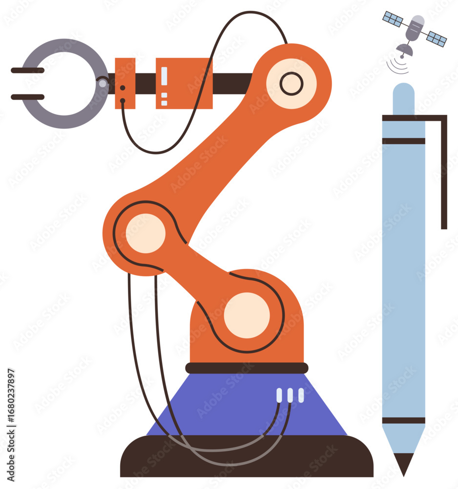 Poster robotic arm with cables operating next to a pen and a satellite. ideal for innovation, robotics, eng