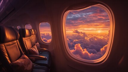 Naklejka premium A view from inside a plane, capturing a stunning sunset through the windows