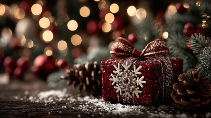 Wrapped Holiday Delight: A beautifully wrapped gift box sits amidst seasonal decorations, with soft bokeh lights in the background, exuding warmth and excitement. Generative Ai