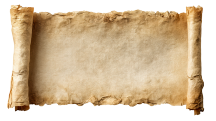 Aged parchment scroll with torn edges and textured surface, cut out transparent