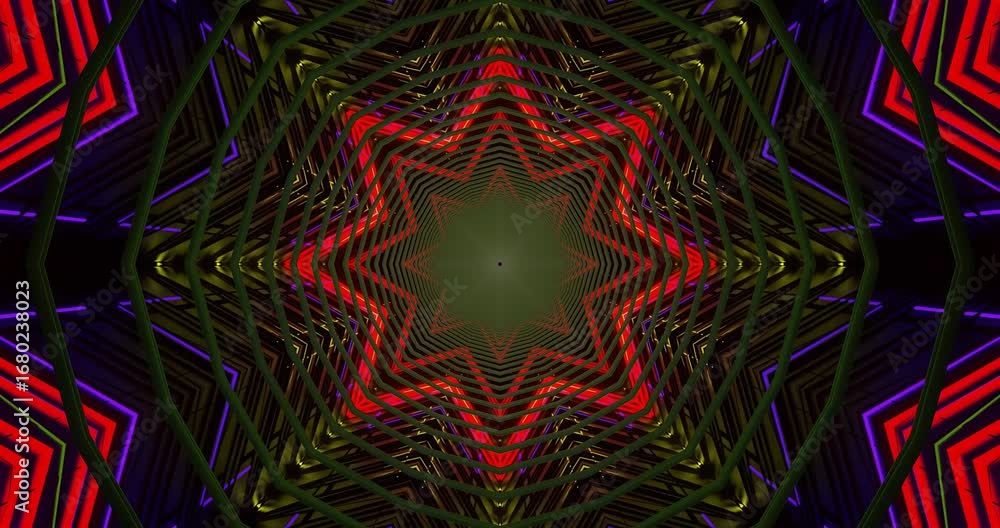 Poster a dynamic abstract screensaver features a kaleidoscopic design with intertwining red and gold patter