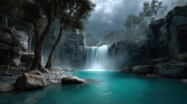 A breathtaking waterfall cascades into a turquoise pool, embraced by a tranquil, mysterious landscape. The image captures the serene beauty of nature.
