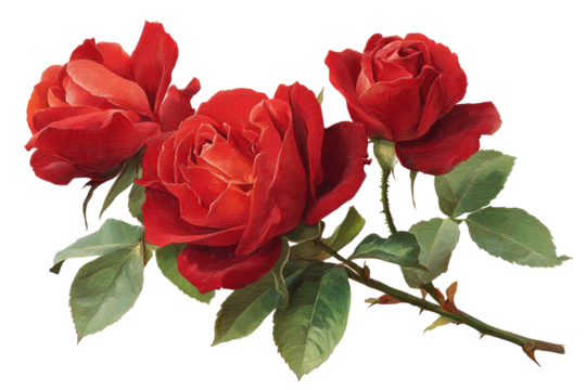 Close-up of three vibrant red roses. Lush, detailed blooms with intricate petals.  Green leaves and stems