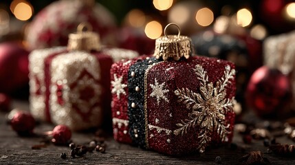 Festive Ornament: A beautifully crafted Christmas ornament with intricate designs, showcasing festive spirit, joy, and celebration, against the backdrop of a softly blurred setting. Generative Ai