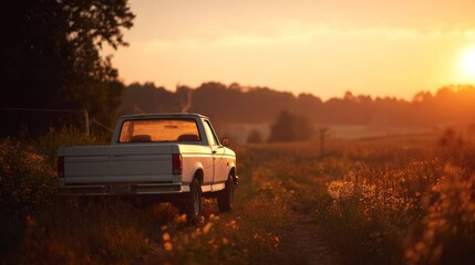 A classic pickup truck parked in a field at sunset, casting a warm, golden glow. This rural scene captures the tranquility of the countryside.