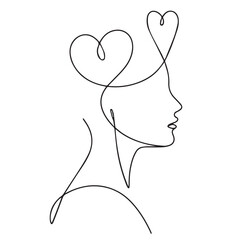 Minimalist one line art of woman profile with heart shapes for modern, abstract, and romantic design