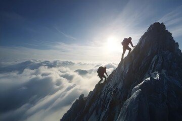 Climbers ascend steep, snow-covered mountain peak at sunrise.