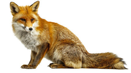 Red fox with detailed fur sits isolated on a clean white background, cut out transparent
