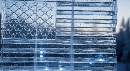 A beautifully detailed ice carving of the American flag illuminated by internal lights against a cold winter background