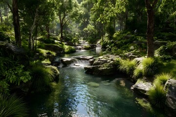 Lush green forest with a clear stream flowing through.