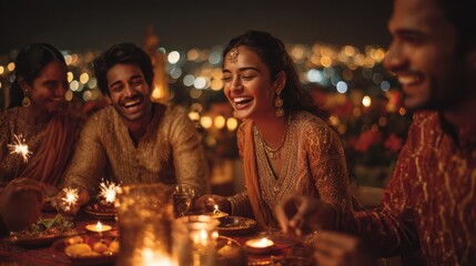 Group of friends celebrating together at night with sparklers, candles, and festive food, dressed in traditional attire and sharing joy in a warm cultural gathering