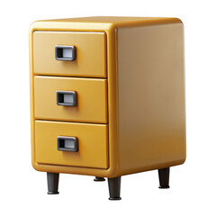 Retro mustard yellow three-drawer filing cabinet with chrome handles and tapered legs transparent background