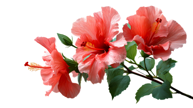 Coral Pink Hibiscus Flowers with Green Leaves on White Background, cut out transparent