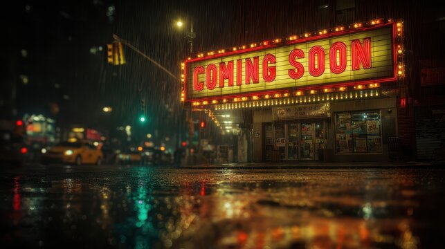 Vintage cinema theater with glowing marquee sign displaying Coming Soon at night in a rainy city street, with reflections on wet pavement and urban atmospher