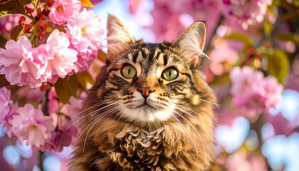 A cat amidst cherry blossoms