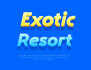 Vector Travel banner Exotic Resort. Artistic Blue Font. Decorative 3D Alphabet Letters and Numbers set.