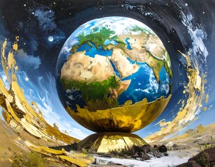 Earth globe, golden base, cosmic backdrop
