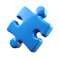 Single shiny blue puzzle piece isolated against a dark backdrop representing connection and problem solving transparent background