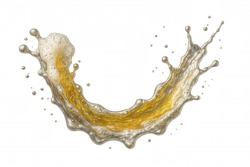 Golden beer pouring, creating foamy arc splash with dynamic motion against clean transparent background, highlighting liquid movement