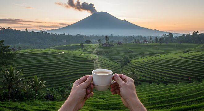 Morning Coffee with Smoking Volcano and Lush Green Rice Terraces - Powered by Adobe