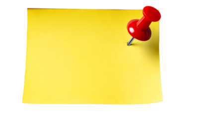 Yellow sticky note paper secured with a red pushpin against a white background, cut out transparent