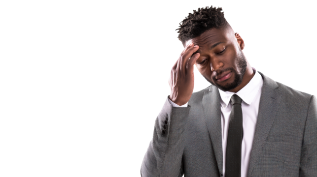 Black man in formal suit holding his head, showing stress or headache, cut out transparent