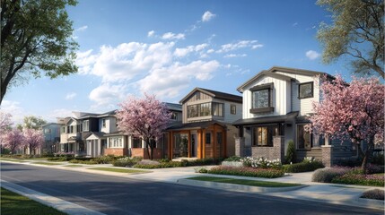 A row of modern houses line a street, cherry blossoms in full bloom adorn the front yards, and a blue sky with fluffy clouds provides a beautiful backdrop.