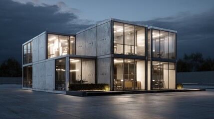 Obraz premium Modern architectural house design illuminated at night. The minimalist structure showcases large glass windows and a concrete facade, radiating elegance and contemporary style