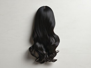 Realistic textured extensions, natural black, placed artistically on a marble surface with soft lighting