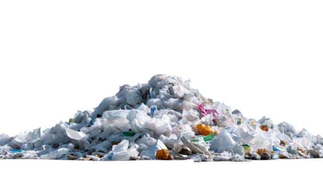 Massive pile of discarded plastic bags and debris against a white background, cut out transparent