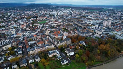 An aerial panorama view around the downtown of the City Thionville In France on a cloudy spring noon