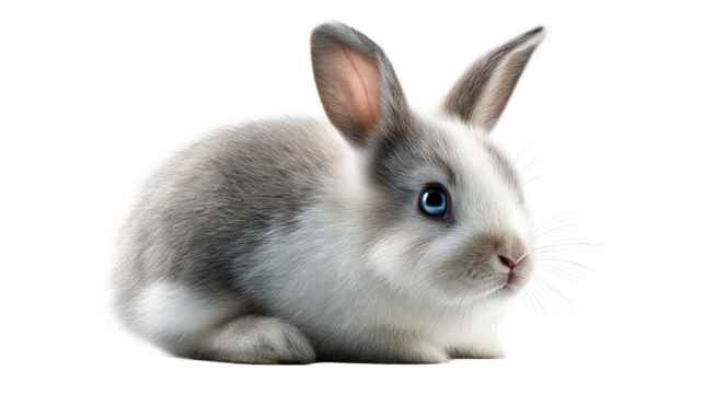 Small fluffy rabbit with striking blue eyes resting on a white surface, cut out transparent