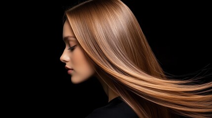 Obraz premium Straight synthetic extensions, deep brown, laid flat on a sleek black surface with bright lighting