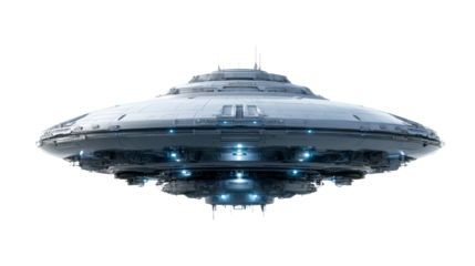 Advanced futuristic disc-shaped spacecraft with glowing blue lights, cut out transparent