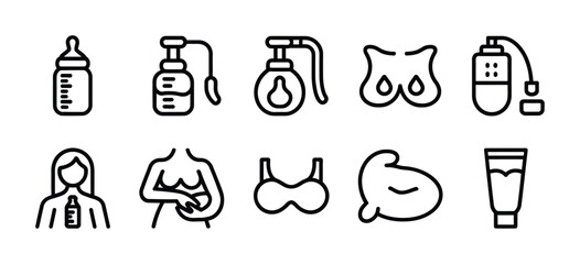 Breastfeeding and pumping icons representing motherhood and baby care essentials in black outline Vector
