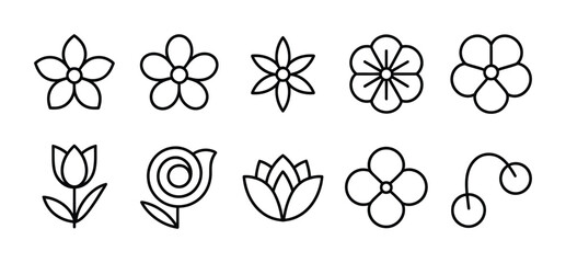 Collection of ten different flower icons in outline style for graphic design and decoration use vector