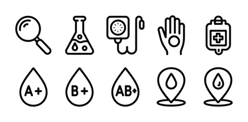 Blood donation and medical research icons representing various blood types and equipment used in medicine vector