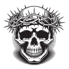 Obraz premium Human skull with crown of thorns black and white illustration for tattoo, gothic, and horror design
