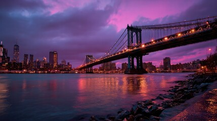 A breathtaking view of a bridge over a river at dusk, with the city skyline illuminated in the distance. The bridge spans the water, reflecting the vibrant colors of the sky