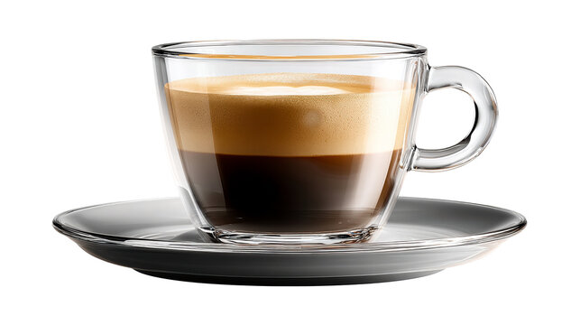 Hot espresso coffee with crema in a clear glass cup on a saucer, cut out transparent